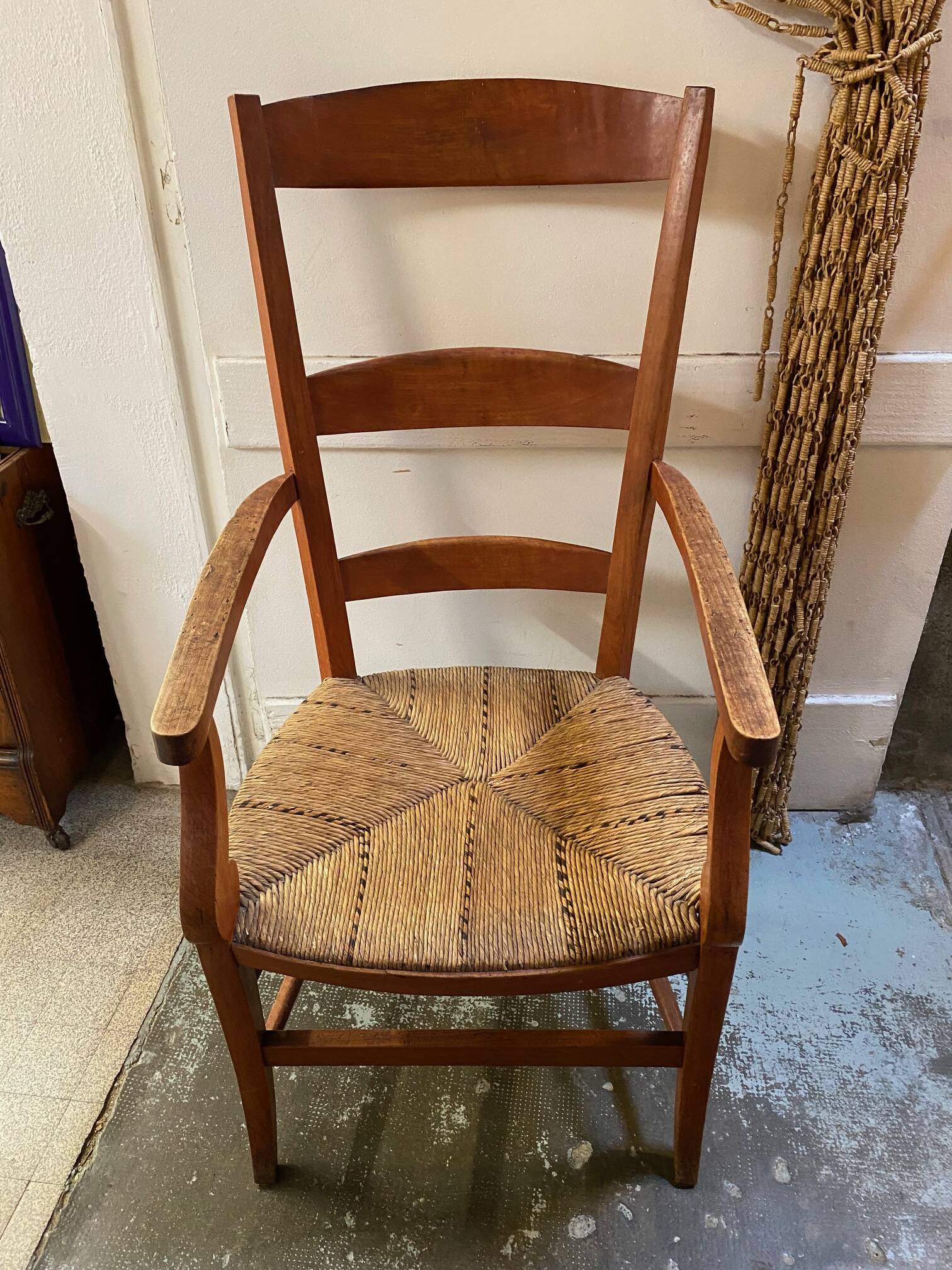 provençal armchair with dark beech armrests two-tone straw seat