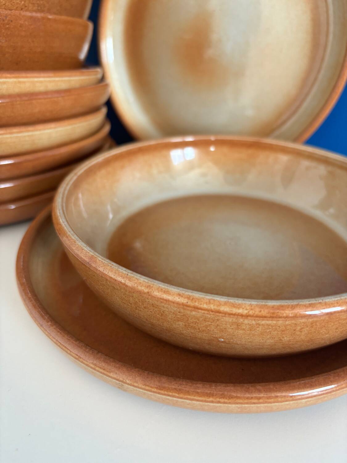Montgolfier stoneware soup plate set with rims made in France vintage - varnished stoneware