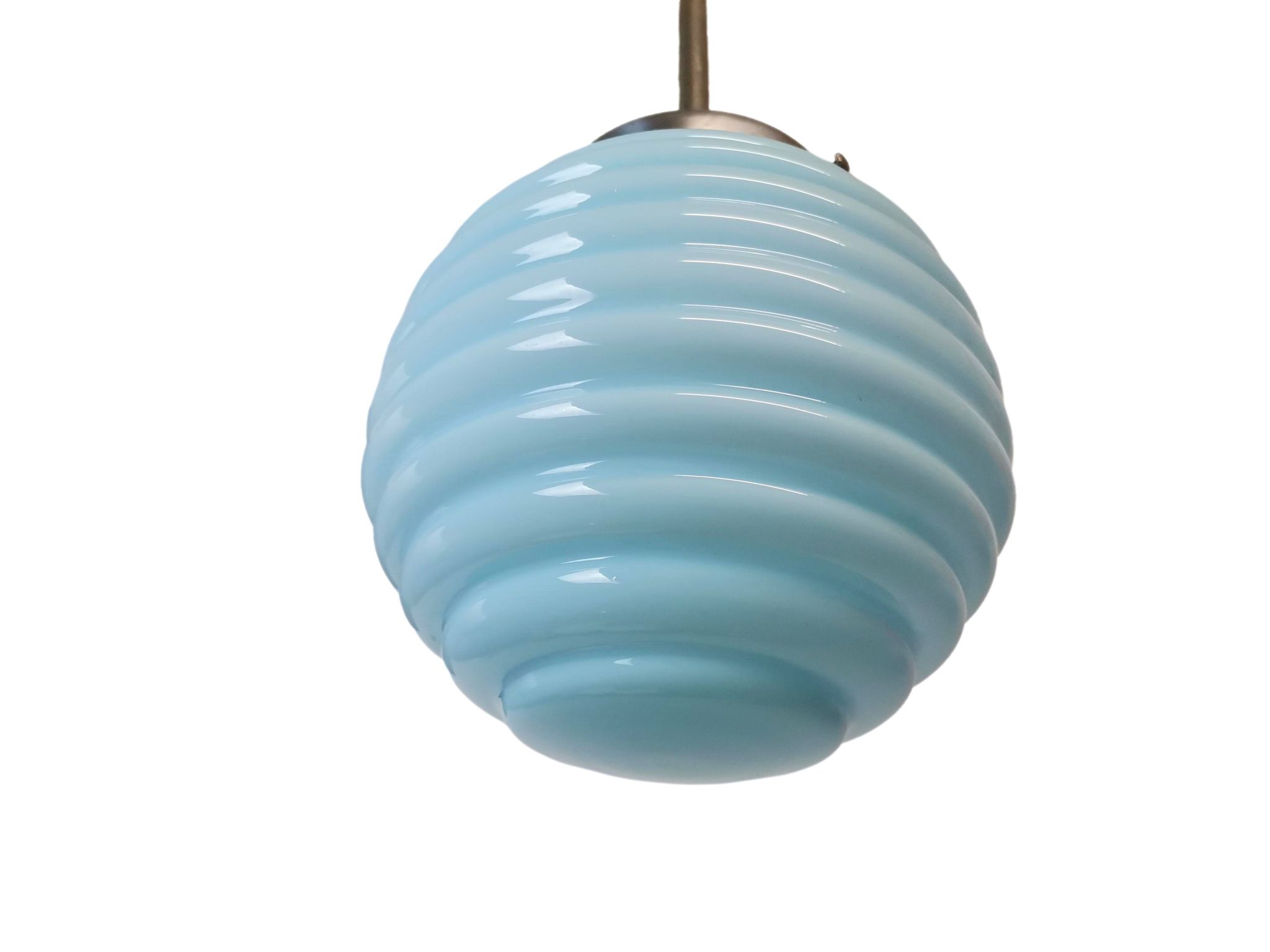 Lampe à suspension vintage art déco en verre nervuré bleu 1950