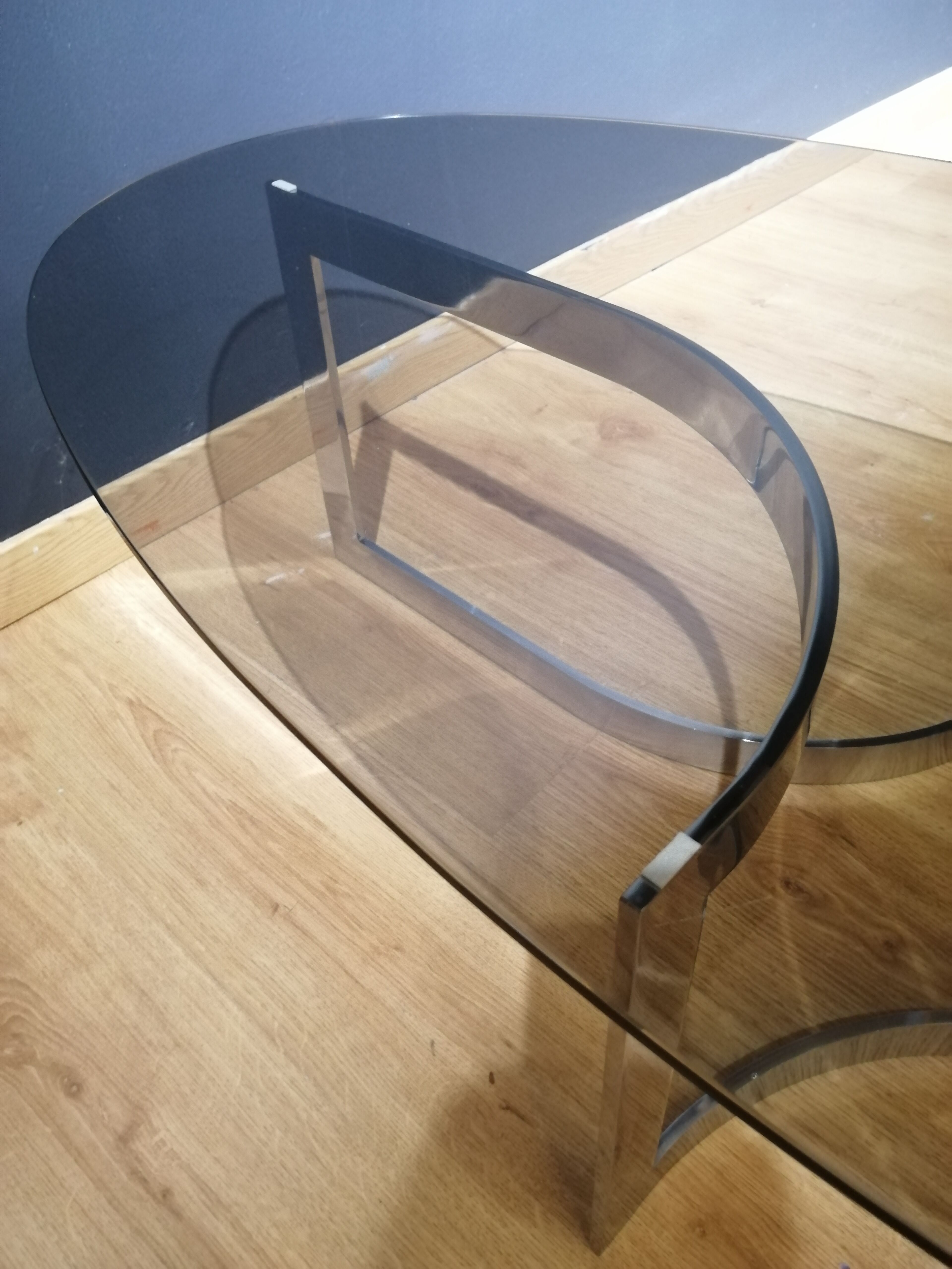 Coffee table in smoked glass and chrome by designer Paul Legeard, 70s
