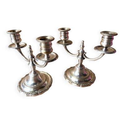 Paire de Candélabres Chandeliers Bougeoirs Bronze Argenté A. Mourier 1920