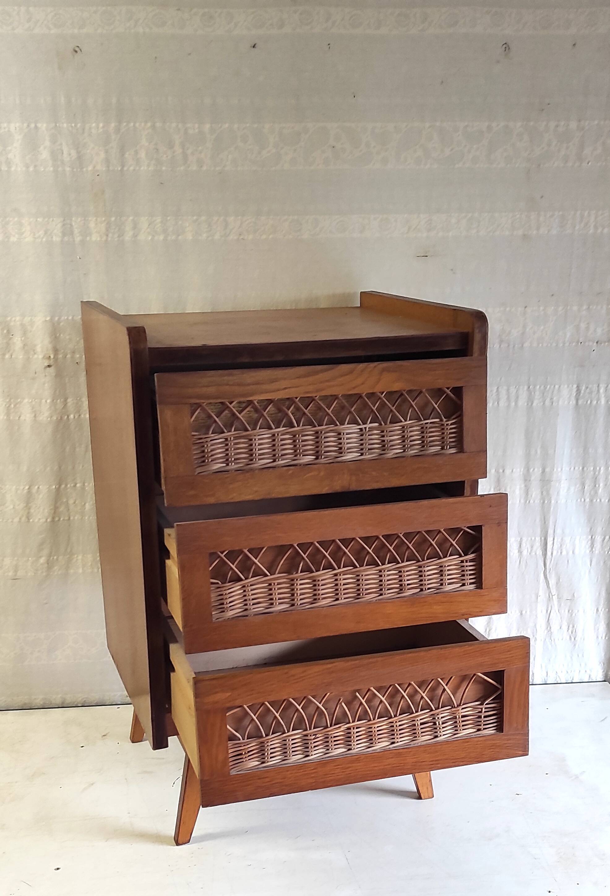 Vintage solid wood chest of drawers with rattan decor - 60s/70s