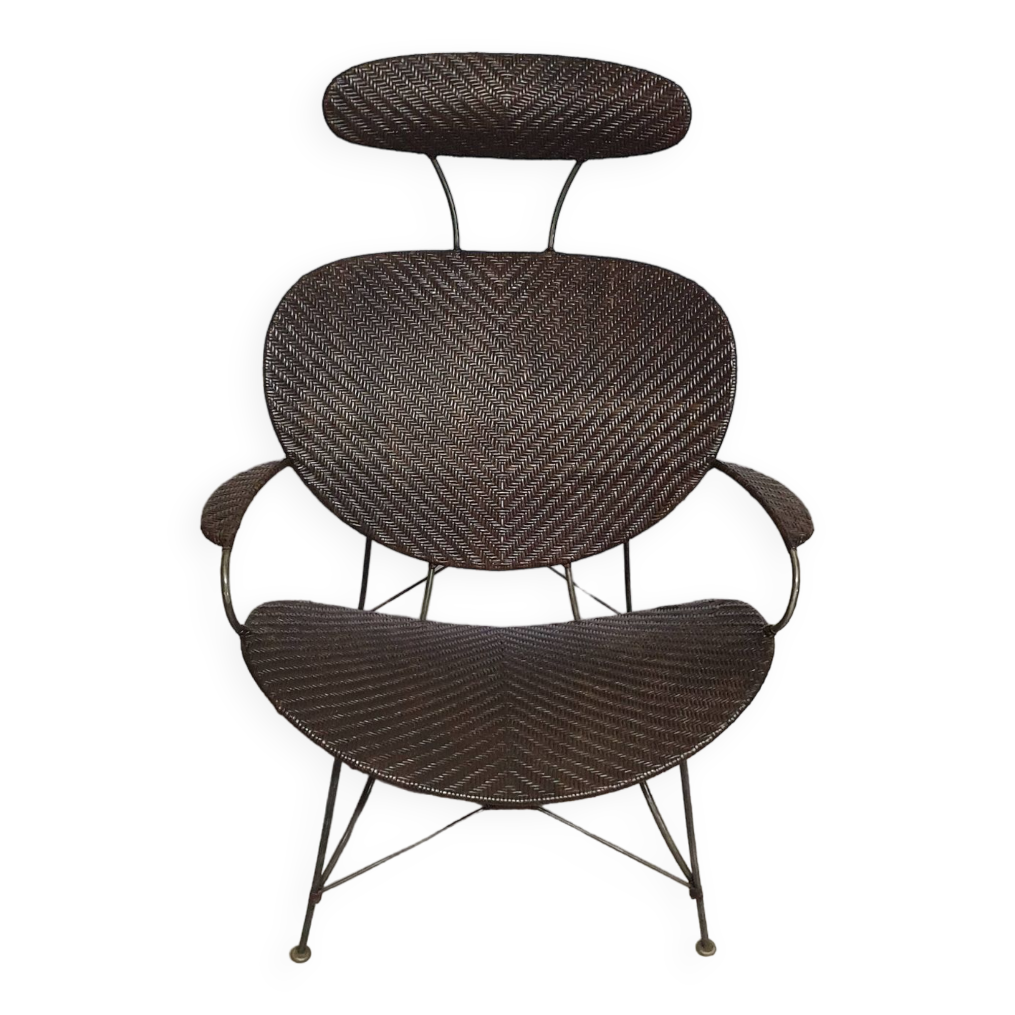 Armchair designed by Yuzuru Yamakawa  Metal frame.  Seat and back in braided rattan.