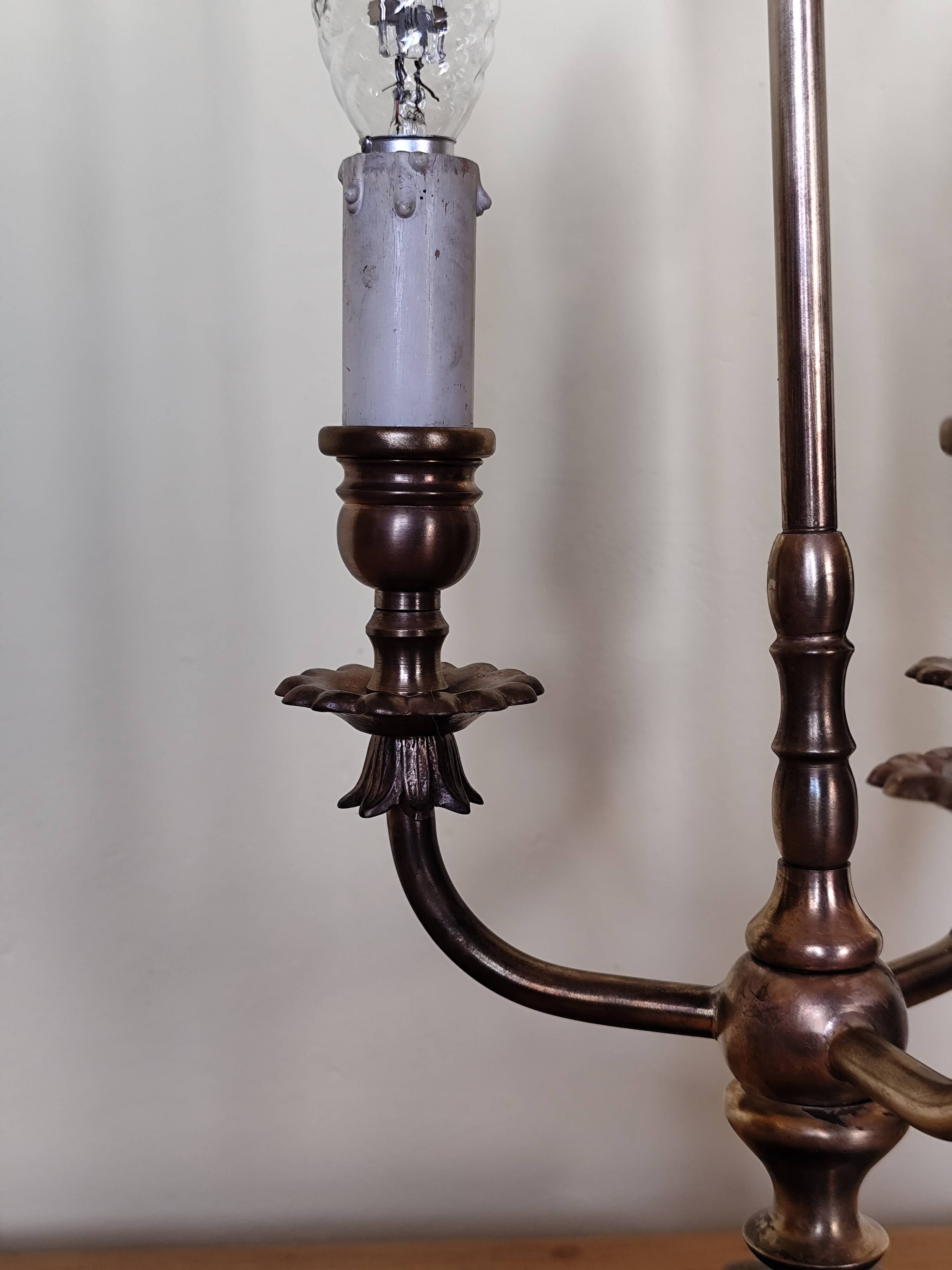 three-light candelabra lamp in metal and gilded brass, bouillotte lamp