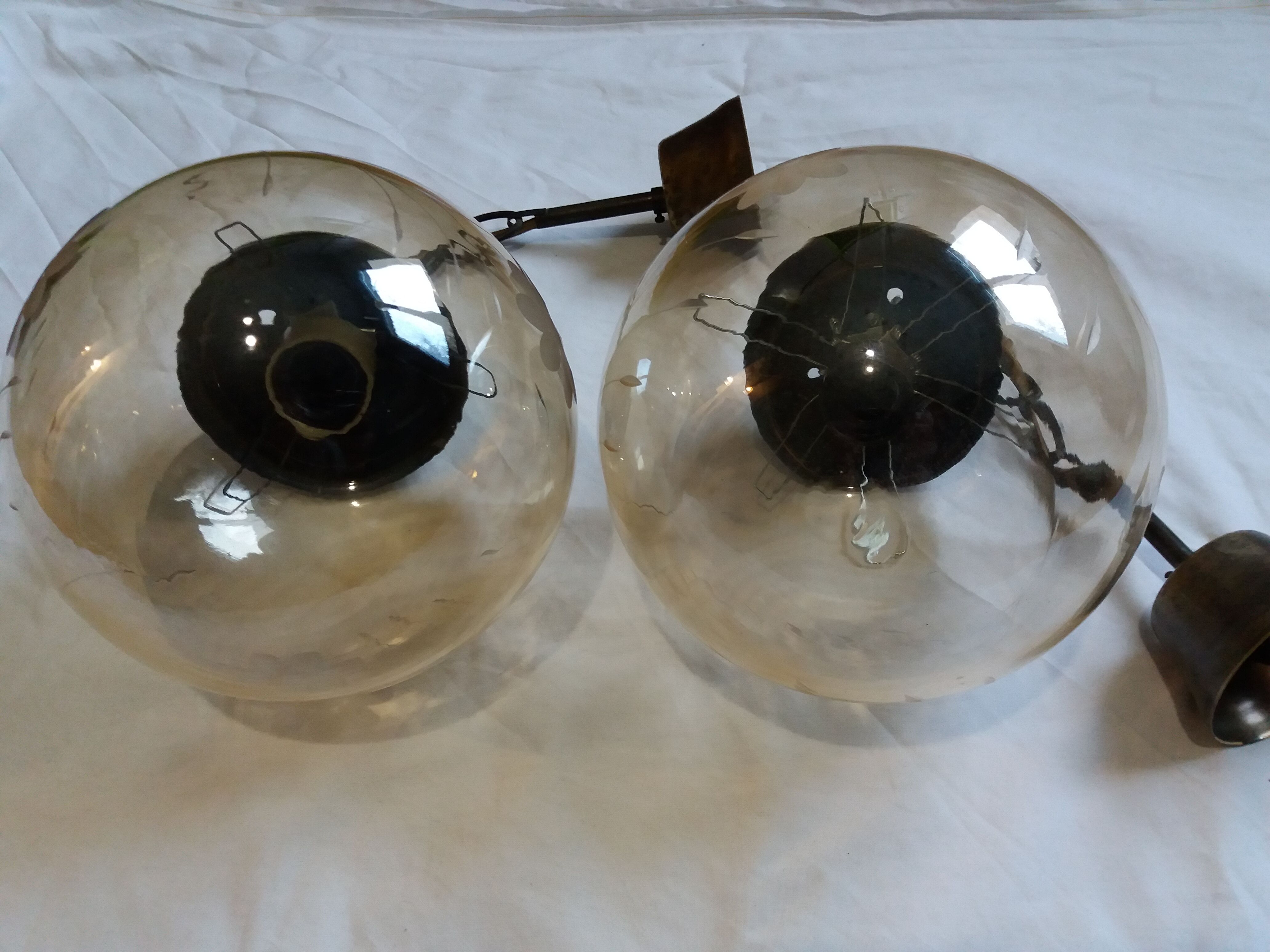 2 amber chiseled blown glass globe ball pendants