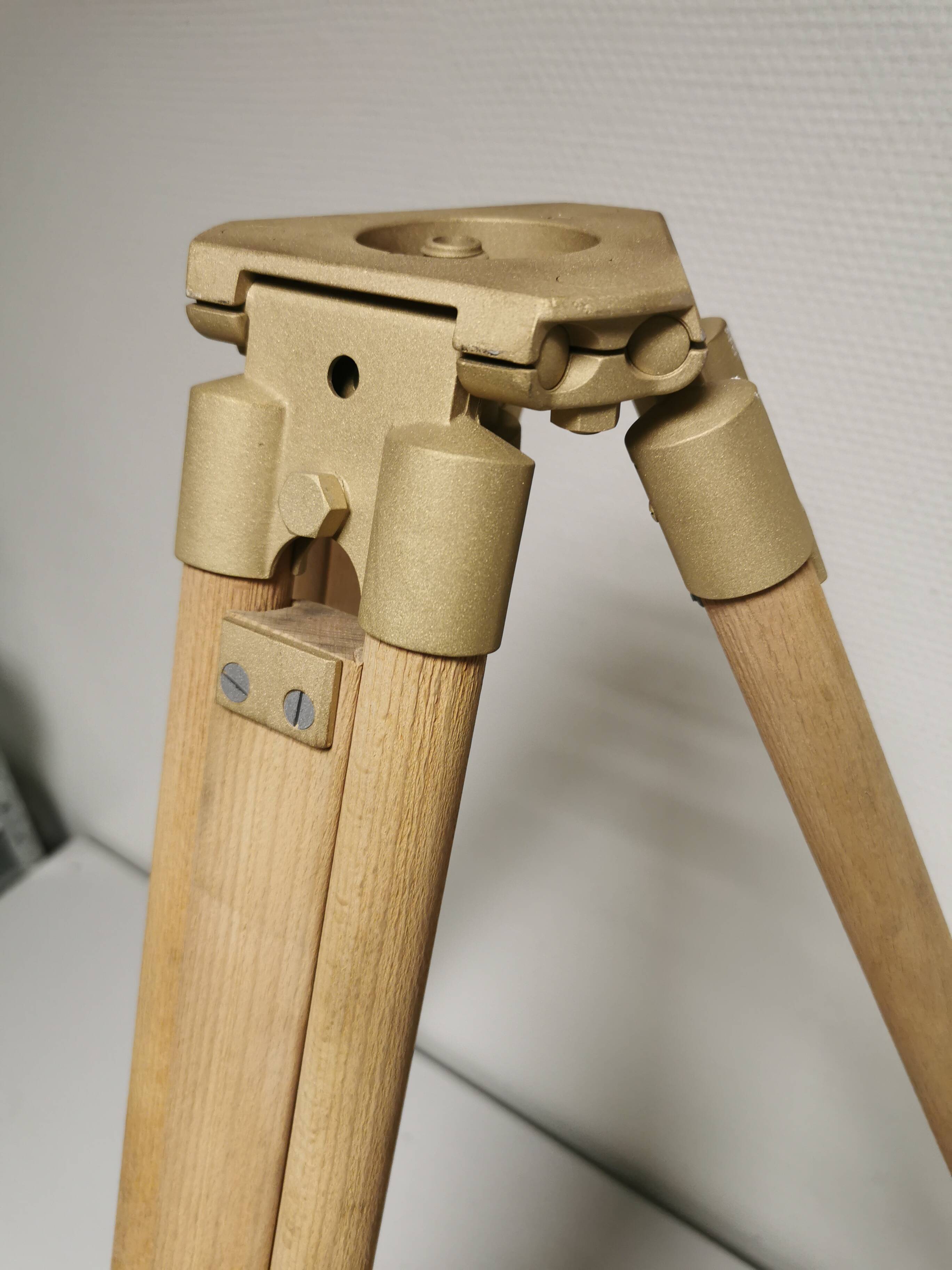 Raw / stripped wooden tripod, vintage industrial lamp base