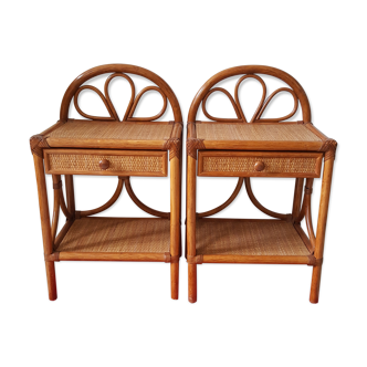 Set de 2 tables de chevet rotin osier banbou avec tiroir vintage