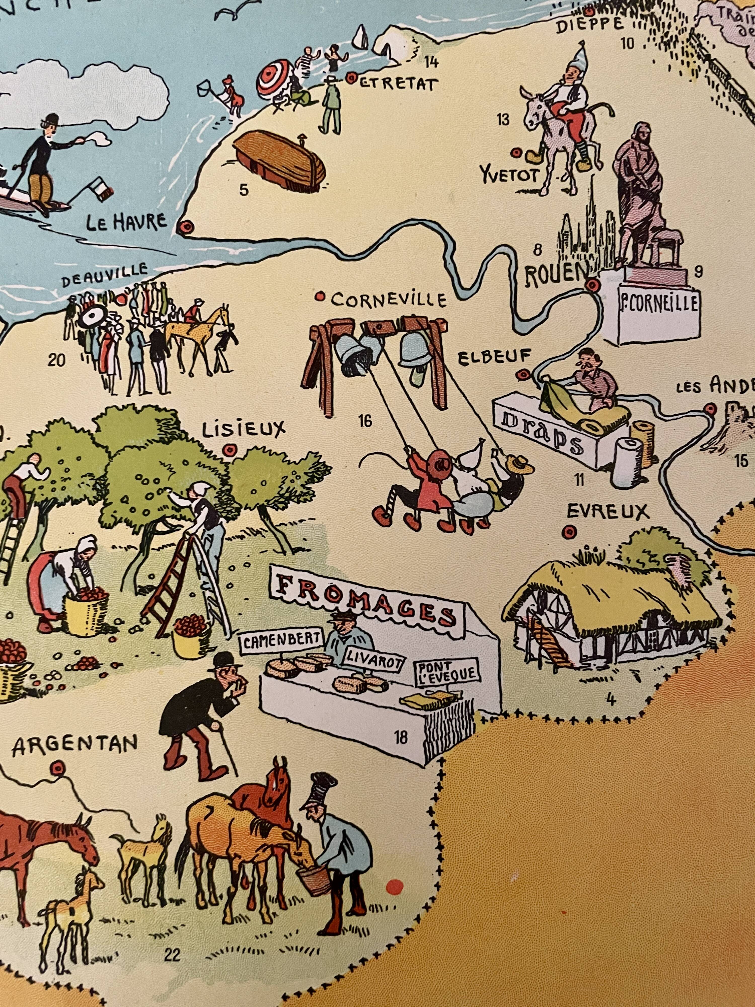 Old poster illustrated map of Normandy 1945 - JP Pinchon