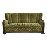 1960s, Danish 3-seater sofa, furniture velour, carved oak wood.