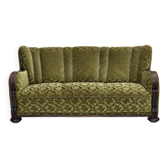 1960s, Danish 3-seater sofa, furniture velour, carved oak wood.