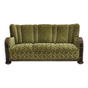 1960s, Danish 3-seater sofa, furniture velour, carved oak wood.
