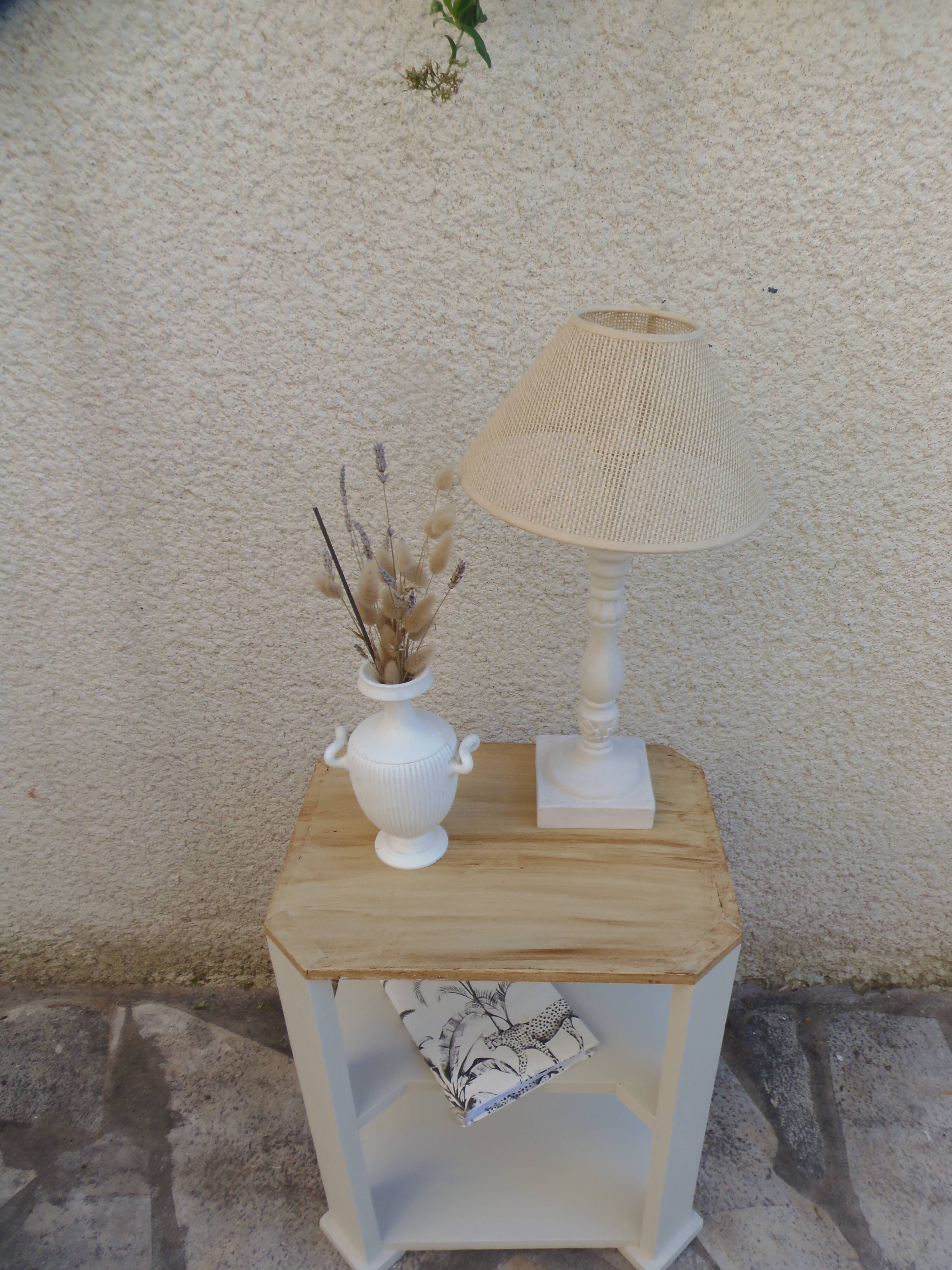 Vintage side table reimagined in beige, wooden tops.