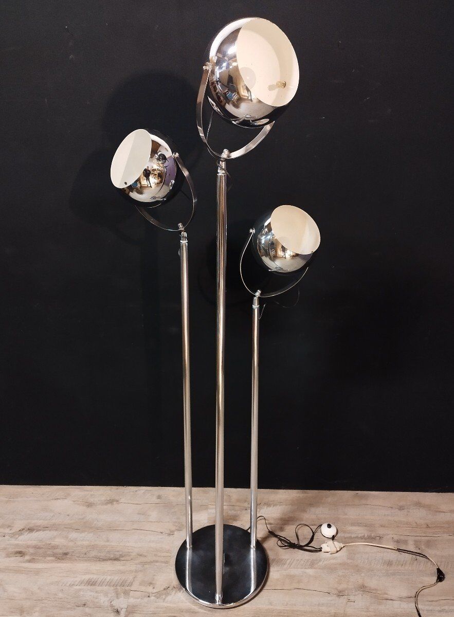 Vintage three-spot chrome steel floor lamp
