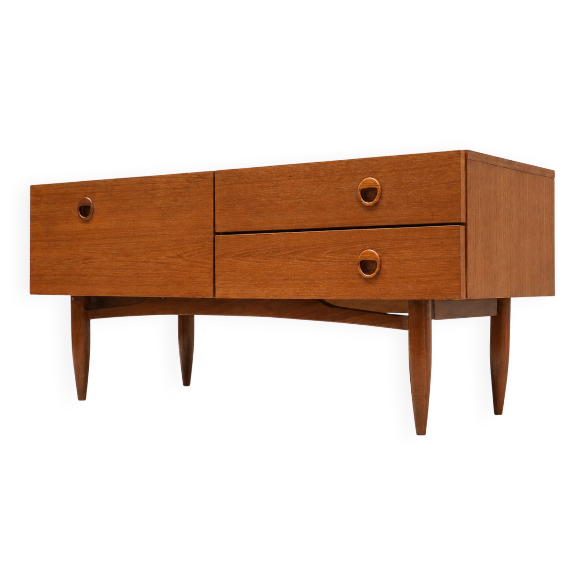 Teak sideboard with flap, 2 drawers and conical legs.