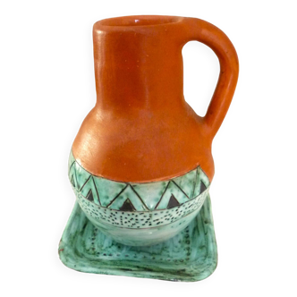 Pitcher vase on its tray, enameled ceramic, refined design, signed PG