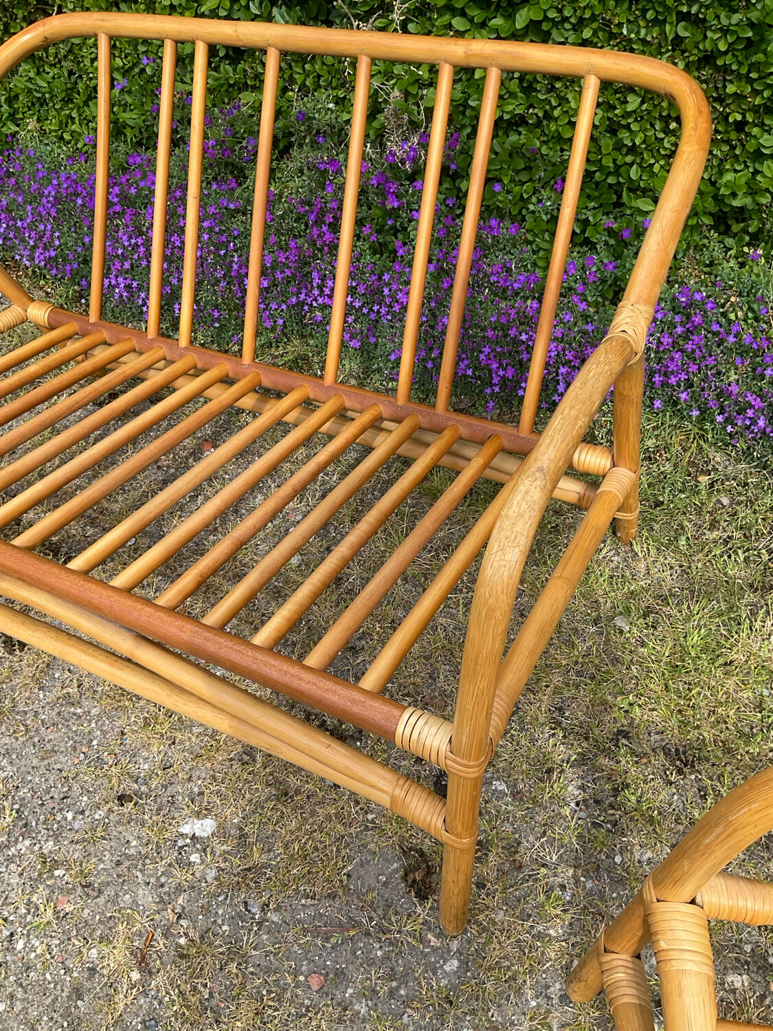 Vintage living room sofa and 2 rattan armchairs.