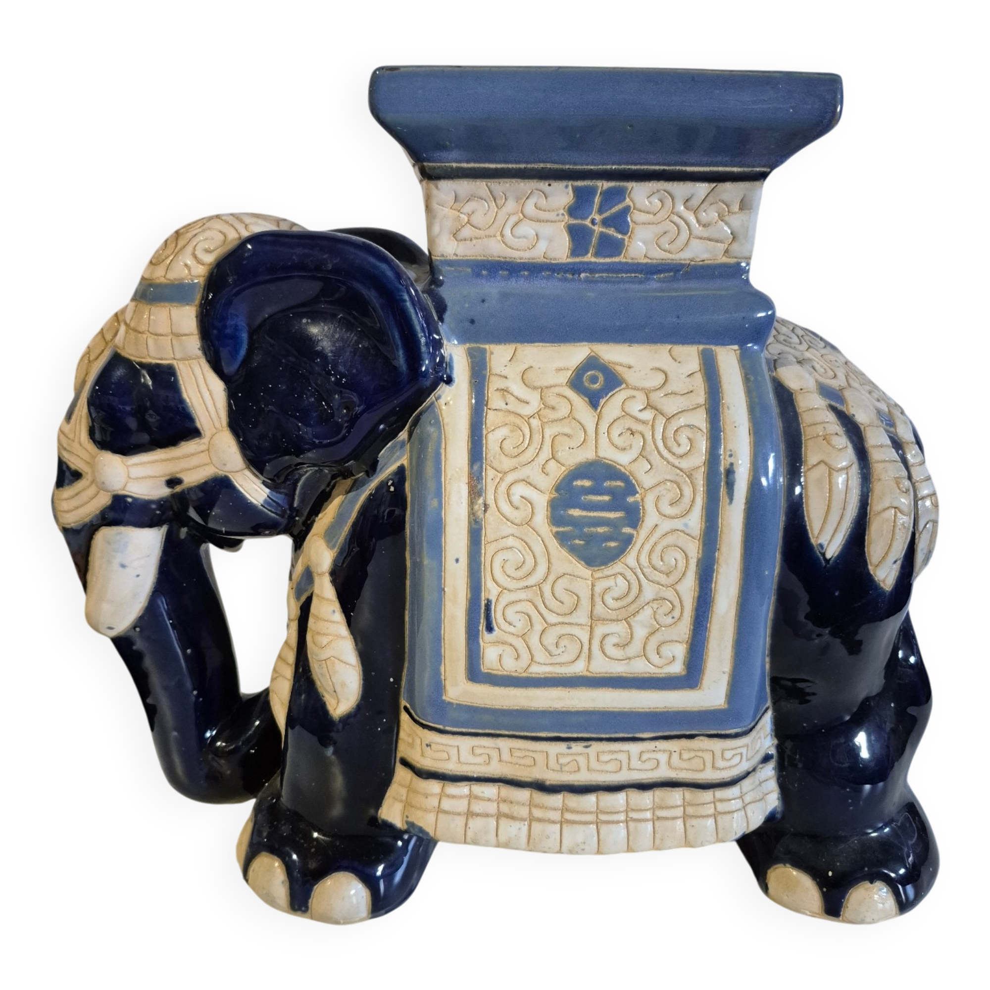 Ceramic XL plant stand 43cm Elephant bleu white