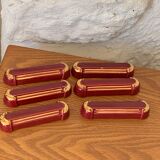 6 knife holders in burgundy glazed ceramic with art deco gold edging