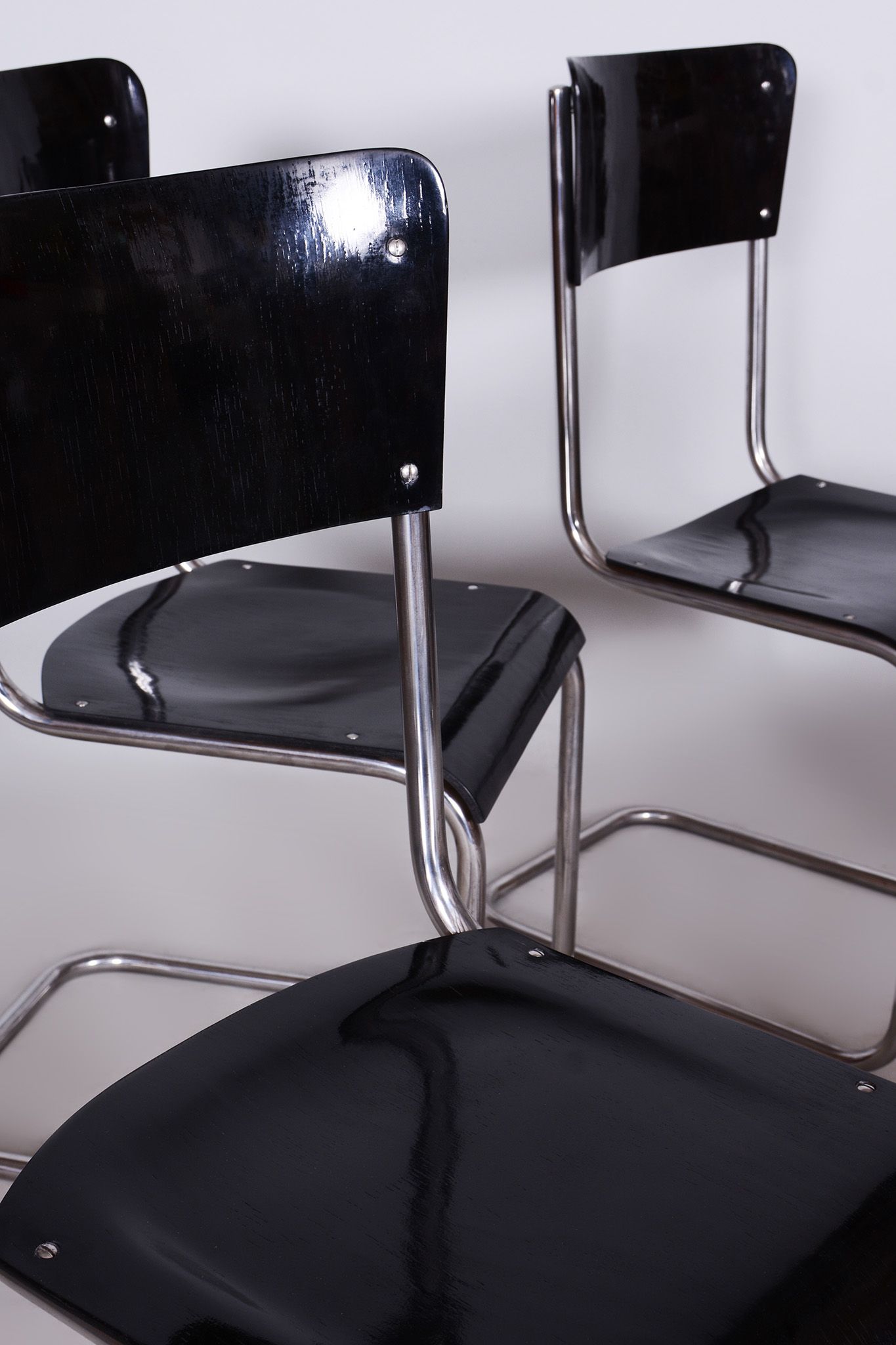 Set of 6 Vintage Bauhaus Chairs, Restored, Gloss, Vichr a Spol, Czechia, 1930s