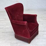1970s, Danish armchair, cherry-red furniture velour, oak wood legs.