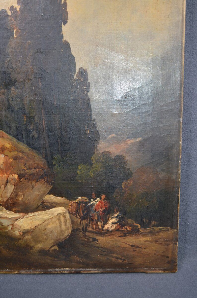 Huile sur toile, Le convoi au pied des rochers, années 1800