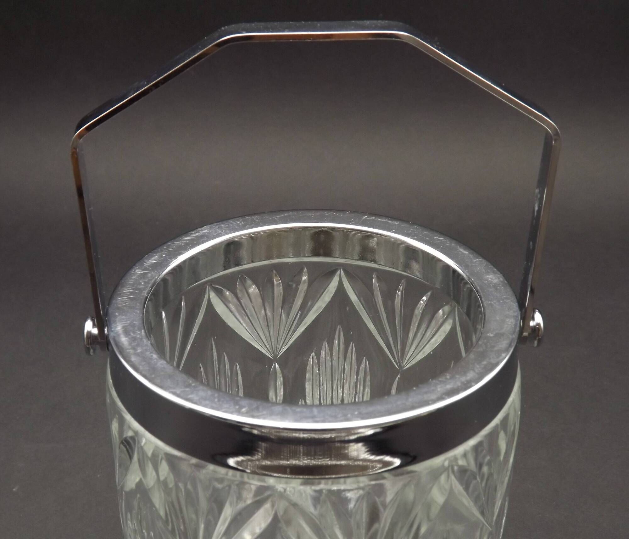 Quality Cut Glass French Vintage Ice Bucket Silver Metal Carry Handle 4507