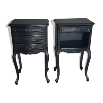 Old bedside tables lacquered black steel Louis XV style