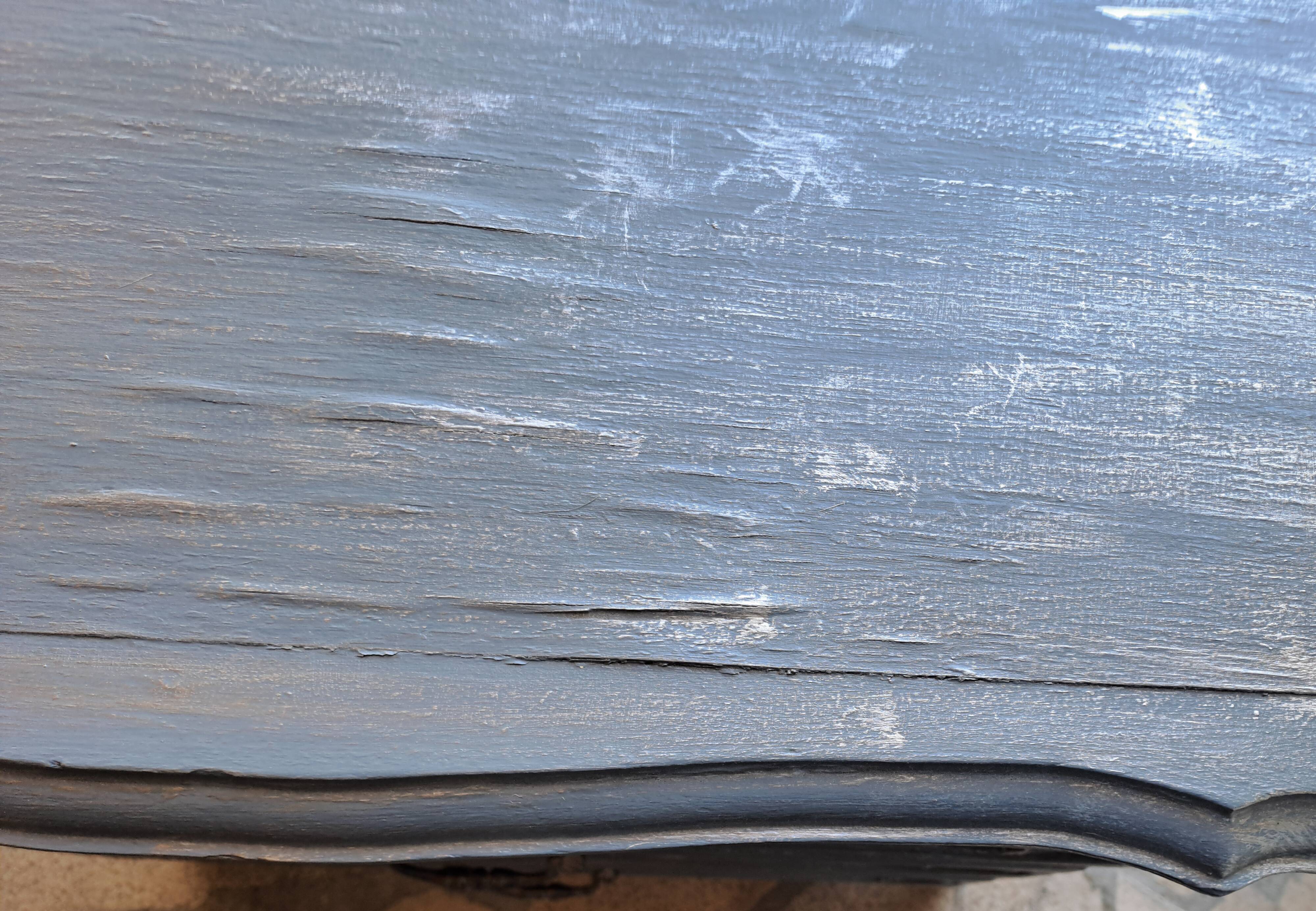 Solid wood chest of drawers painted gray and patinated silver 1940 with 3 drawers