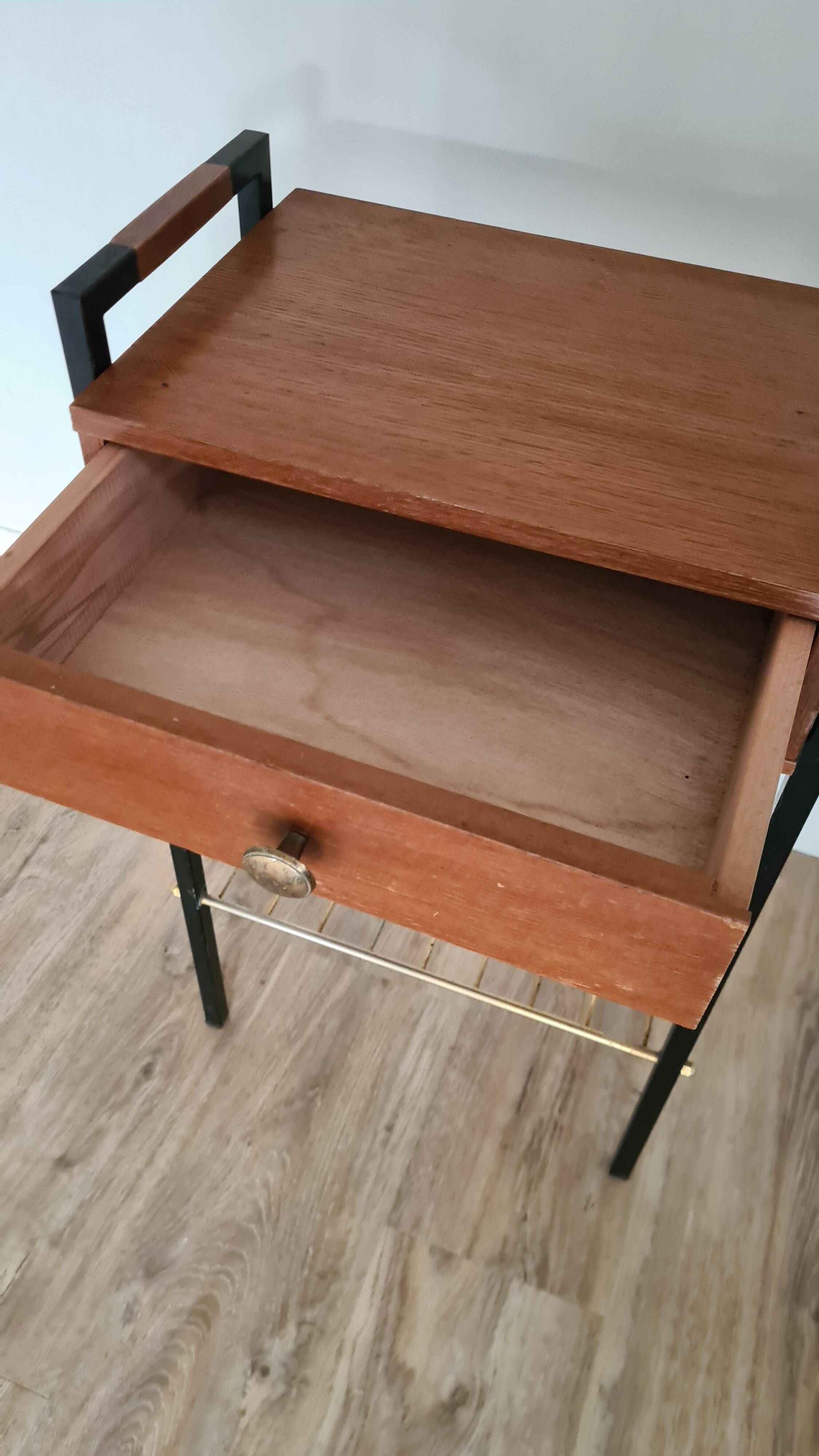 Pierre Guariche style bedside table, wood and metal, vintage, 60s