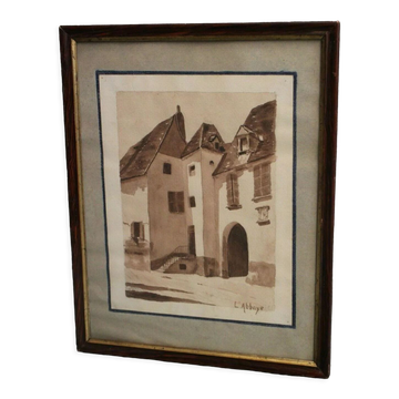 Ink wash late 19th early 20th signed g. neighbor titled the abbey