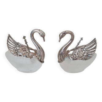 Swan salt cellar duo in glass and silver metal