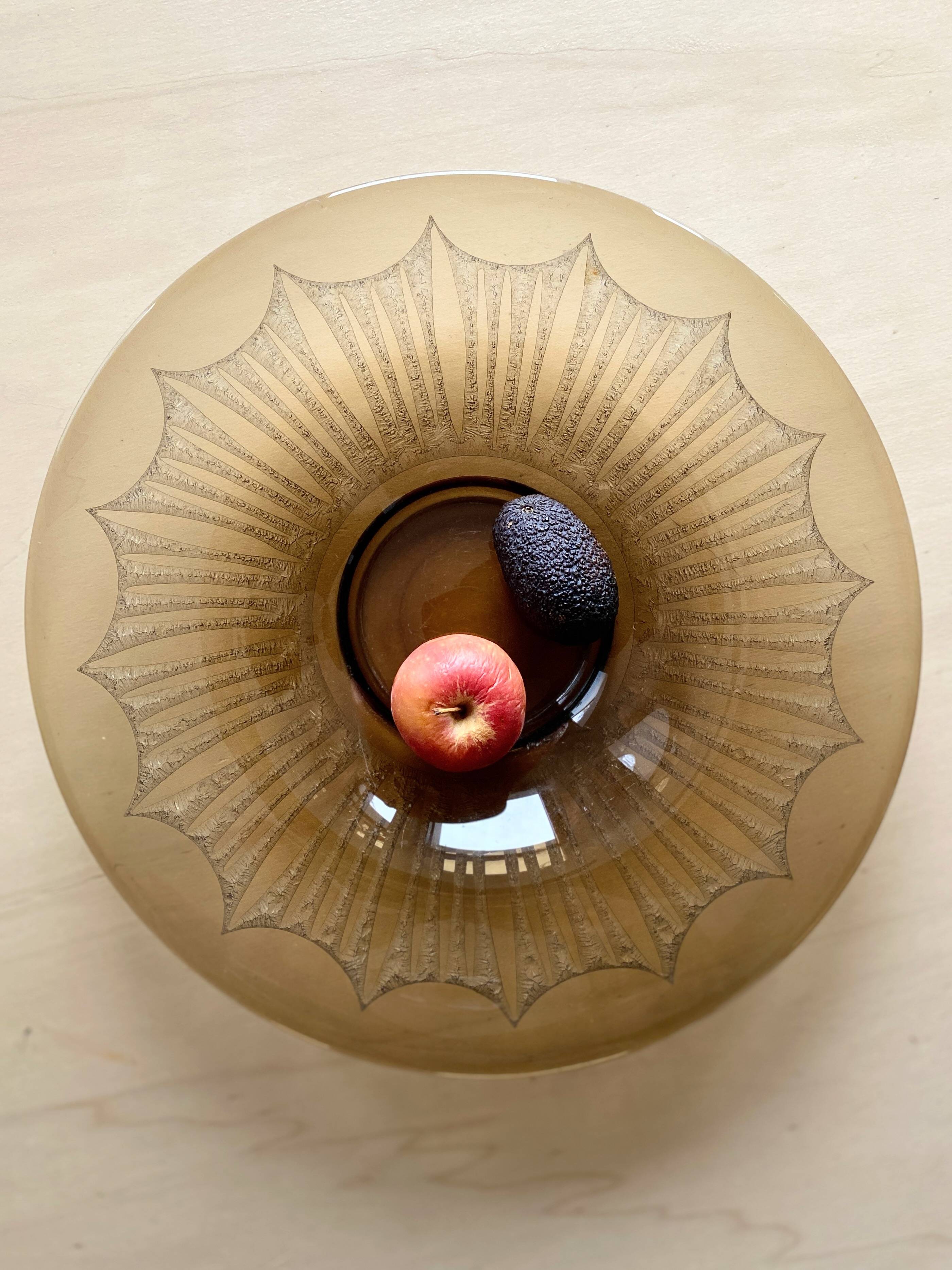 Old Verrex smoked glass fruit bowl, with a radius decoration cut into the glass