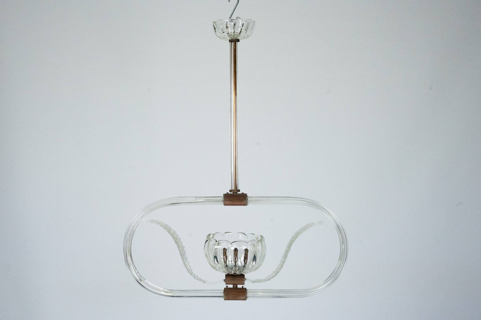 Art Deco Clear Murano glass chandelier. Italy 1940s