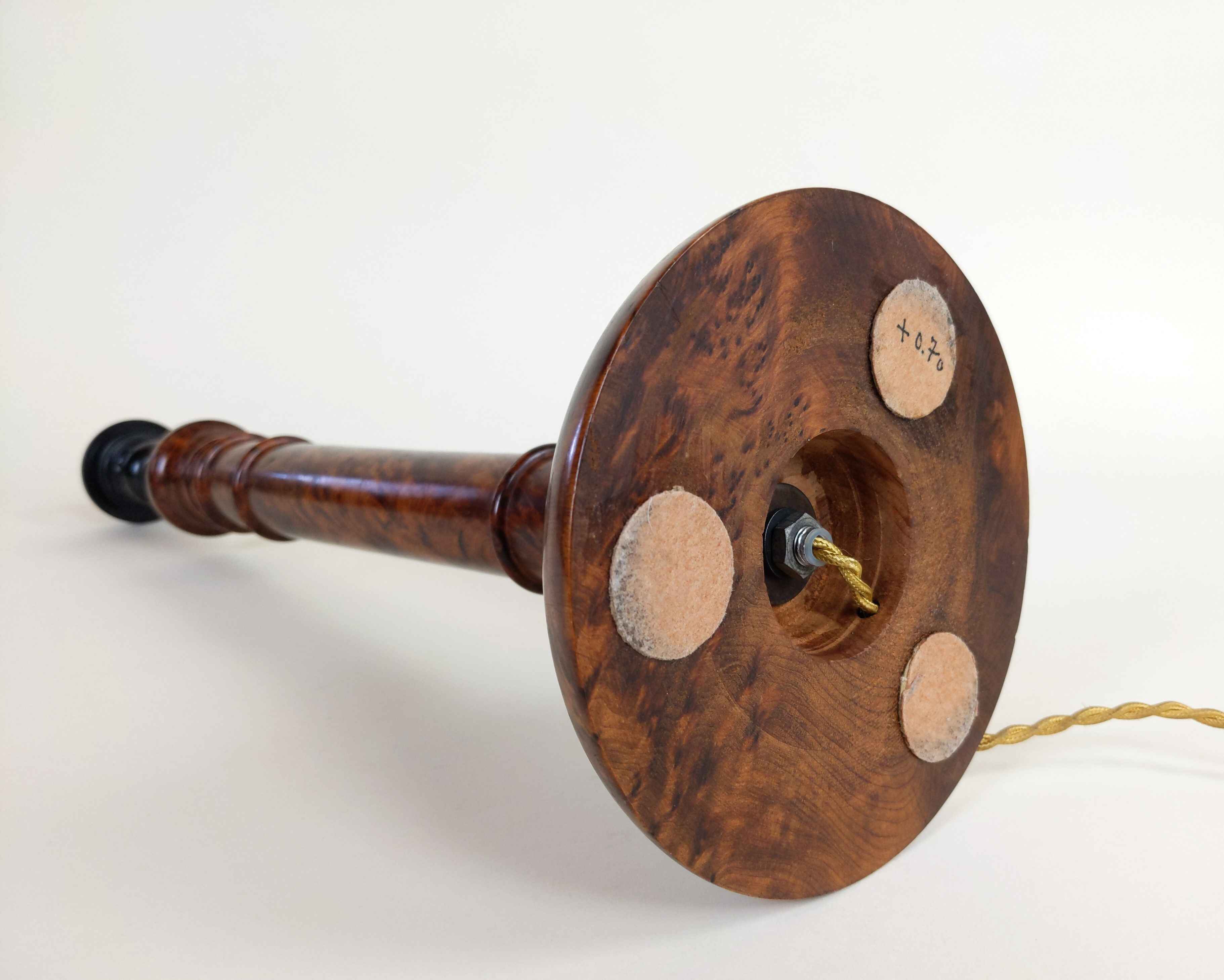 Hand-turned bramble wood lamp foot with golden twisted fabric cable