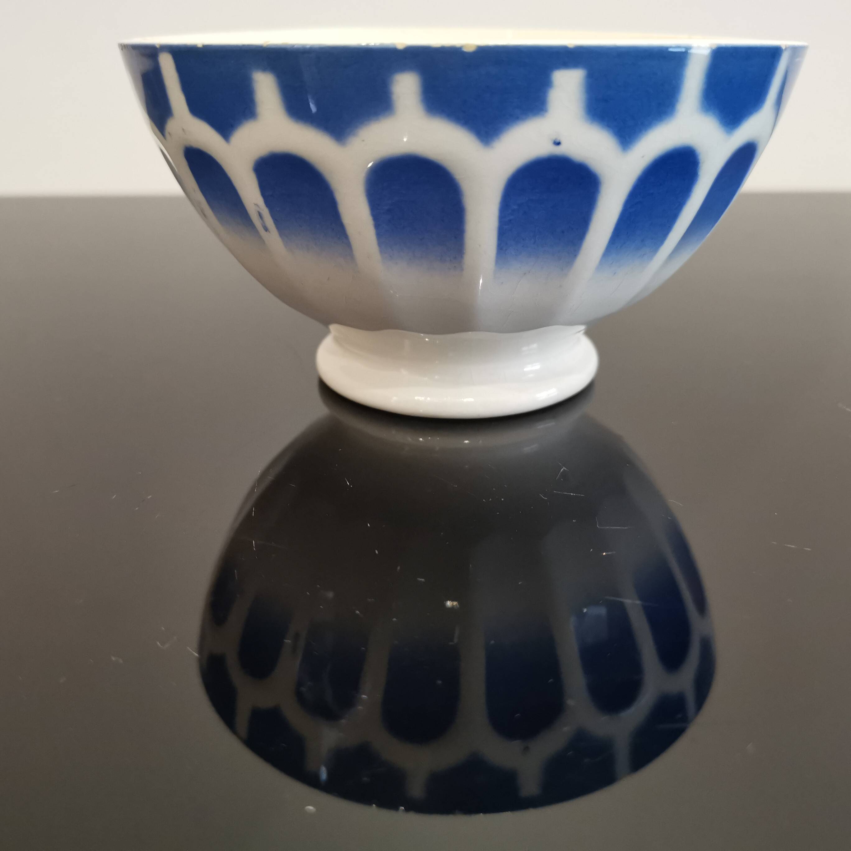 Vintage Earthenware Bowl Blue Stencil Decor, Art Deco Digoin/Sarreguemines
