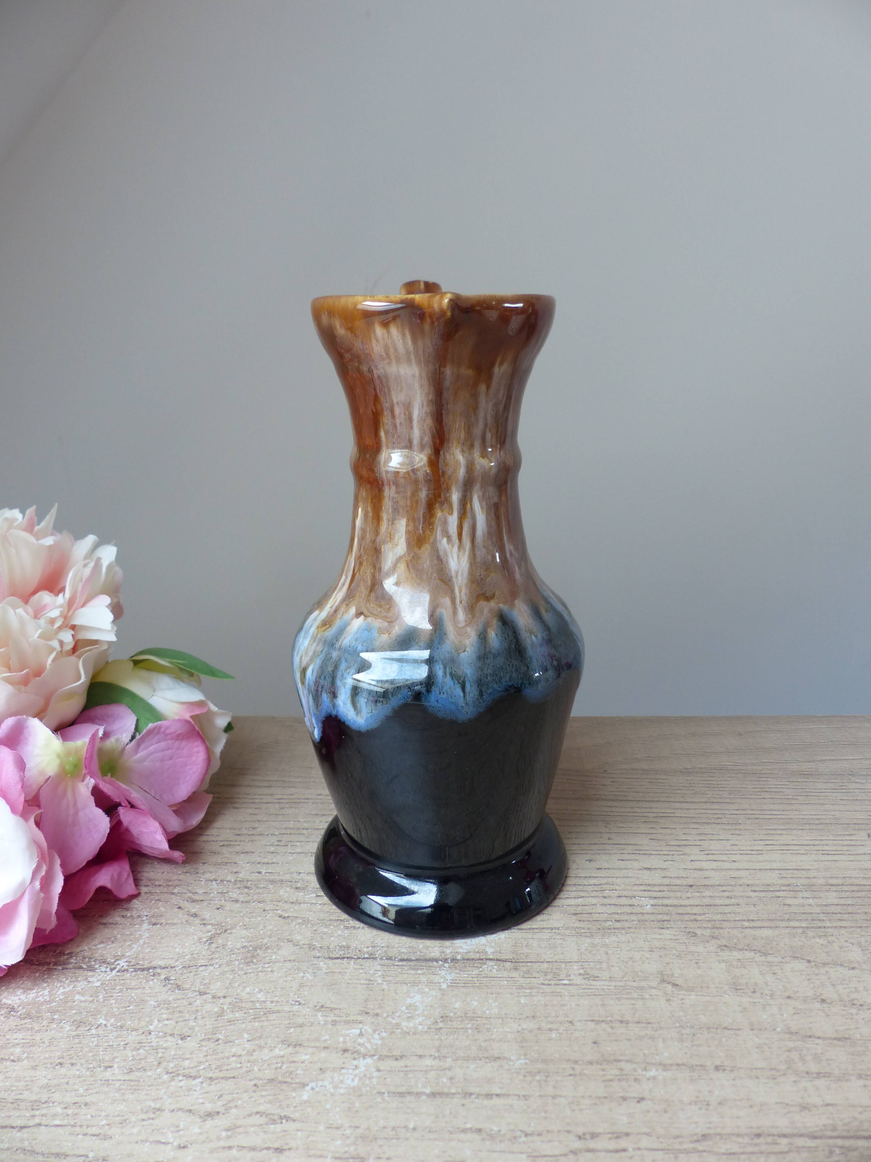 Old wine pitcher carafe in brown and blue flamed stoneware vintage 1960