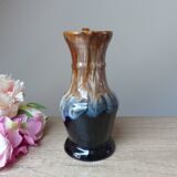 Ancien pichet à vin carafe en grès flammé marron et bleu vintage 1960