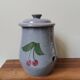 Vintage blue ceramic garlic box pot with cherry