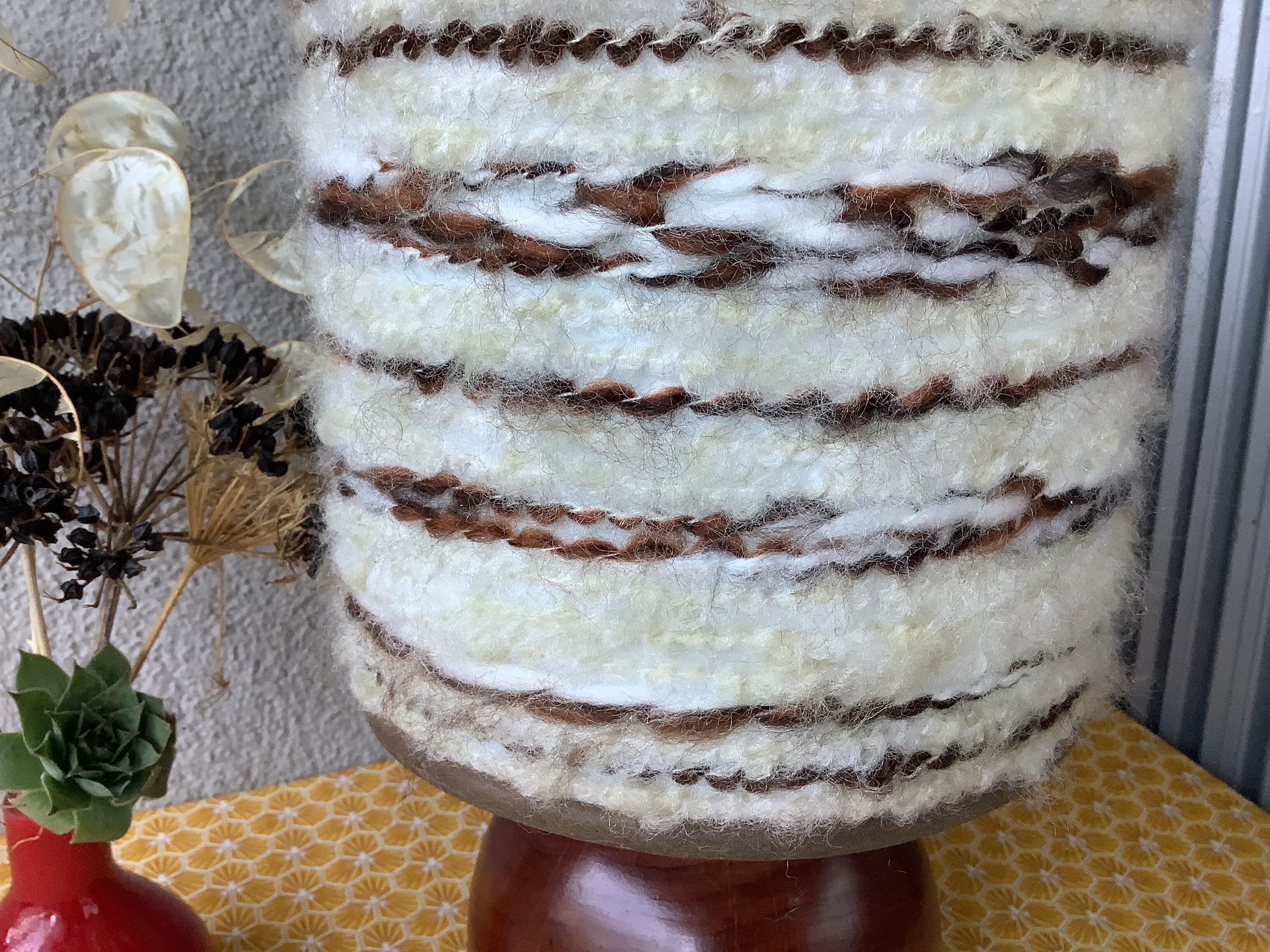 Seventies wood lamp and hippy chic wool lampshade
