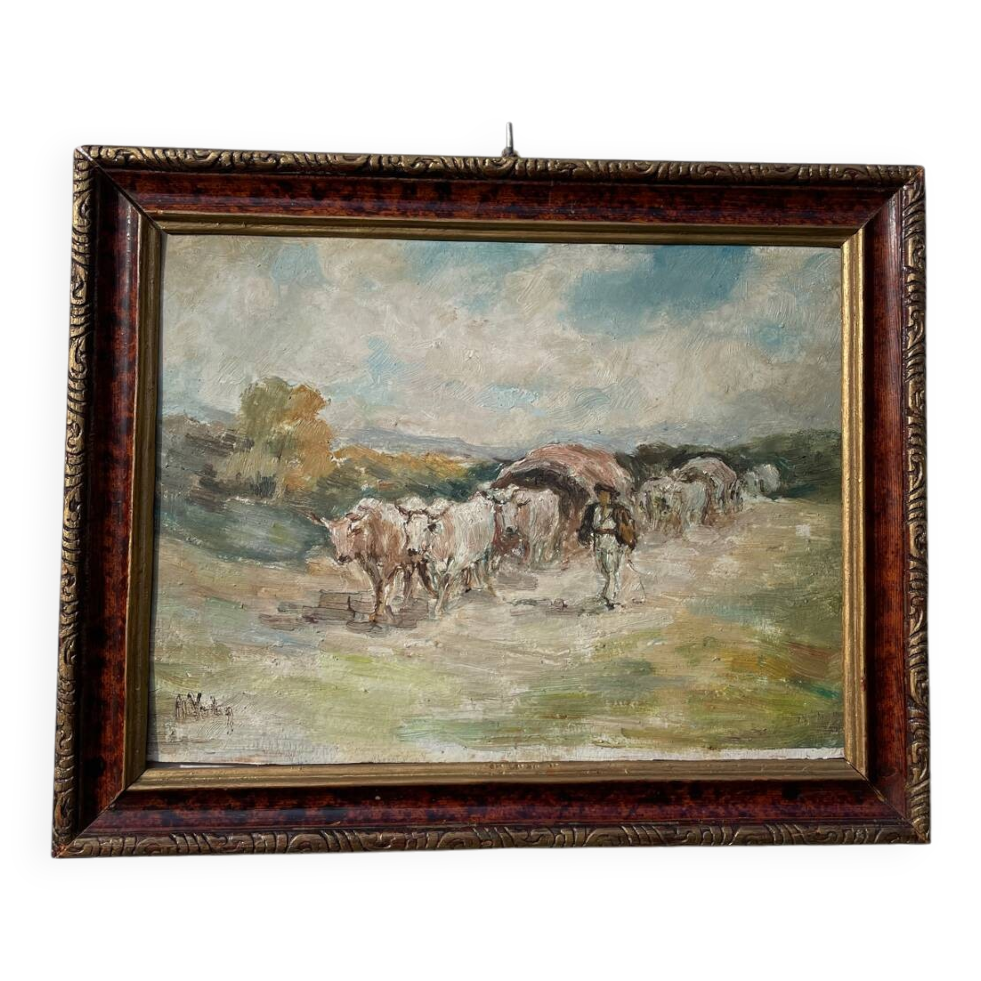 Painting of a Basque shepherd and his cows / antique oil painting