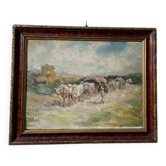 Tableau d’un berger basque et ses vaches / peinture ancienne à l’huile