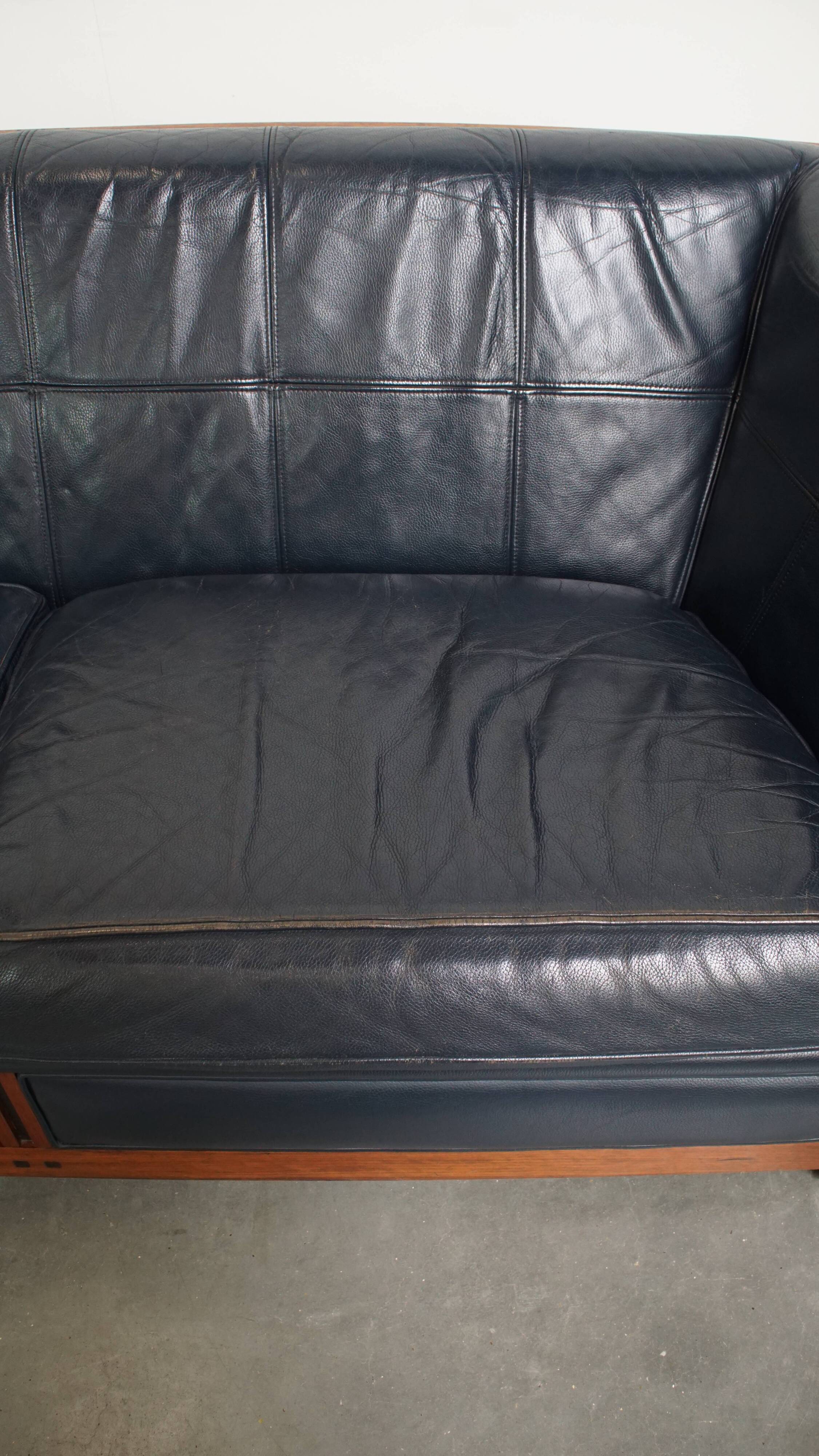 2.5-Seater Art Deco Sofa with Woodwork and Dark Blue Cowhide Leather