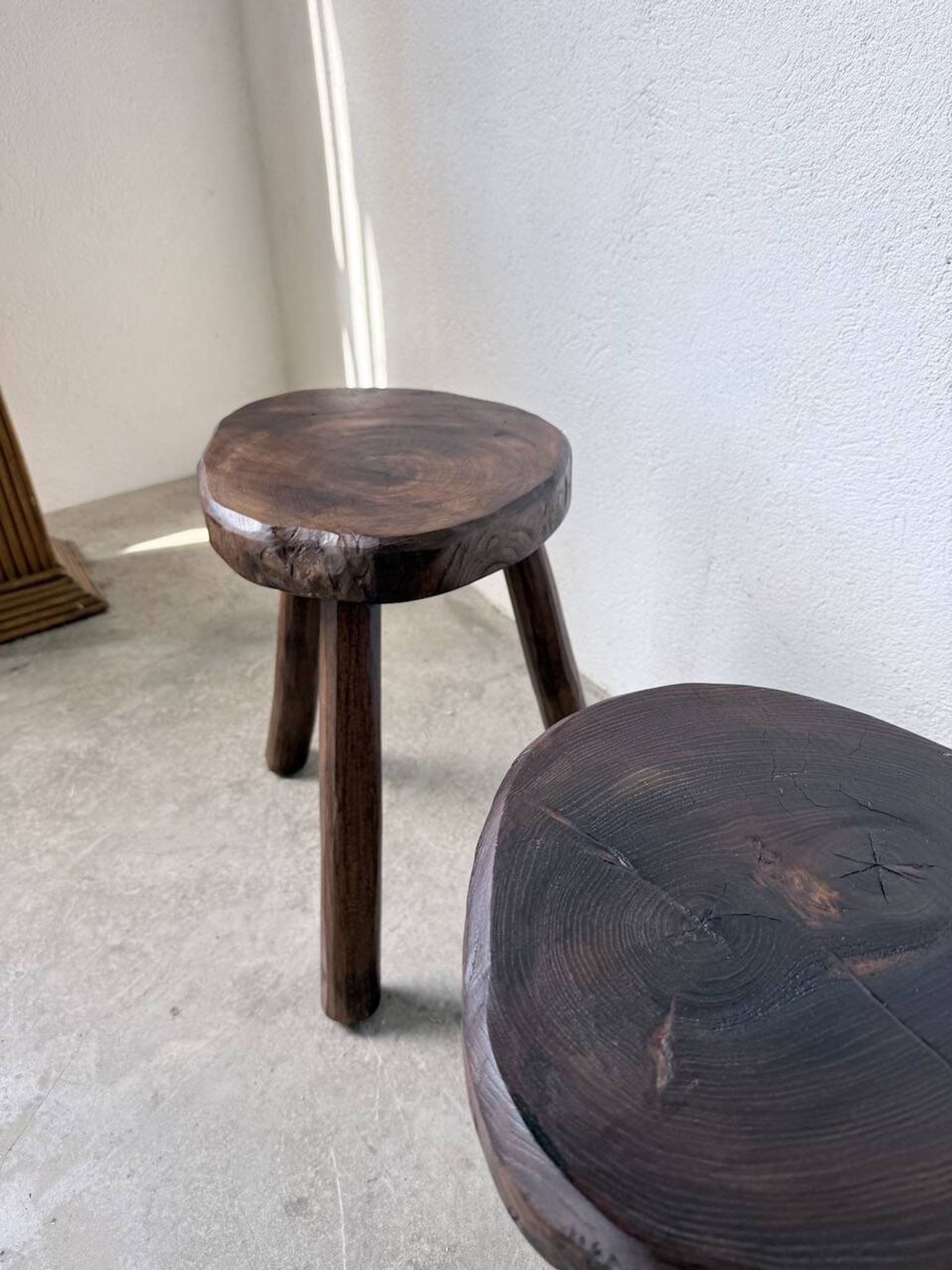 Pair of tripod stools in oak