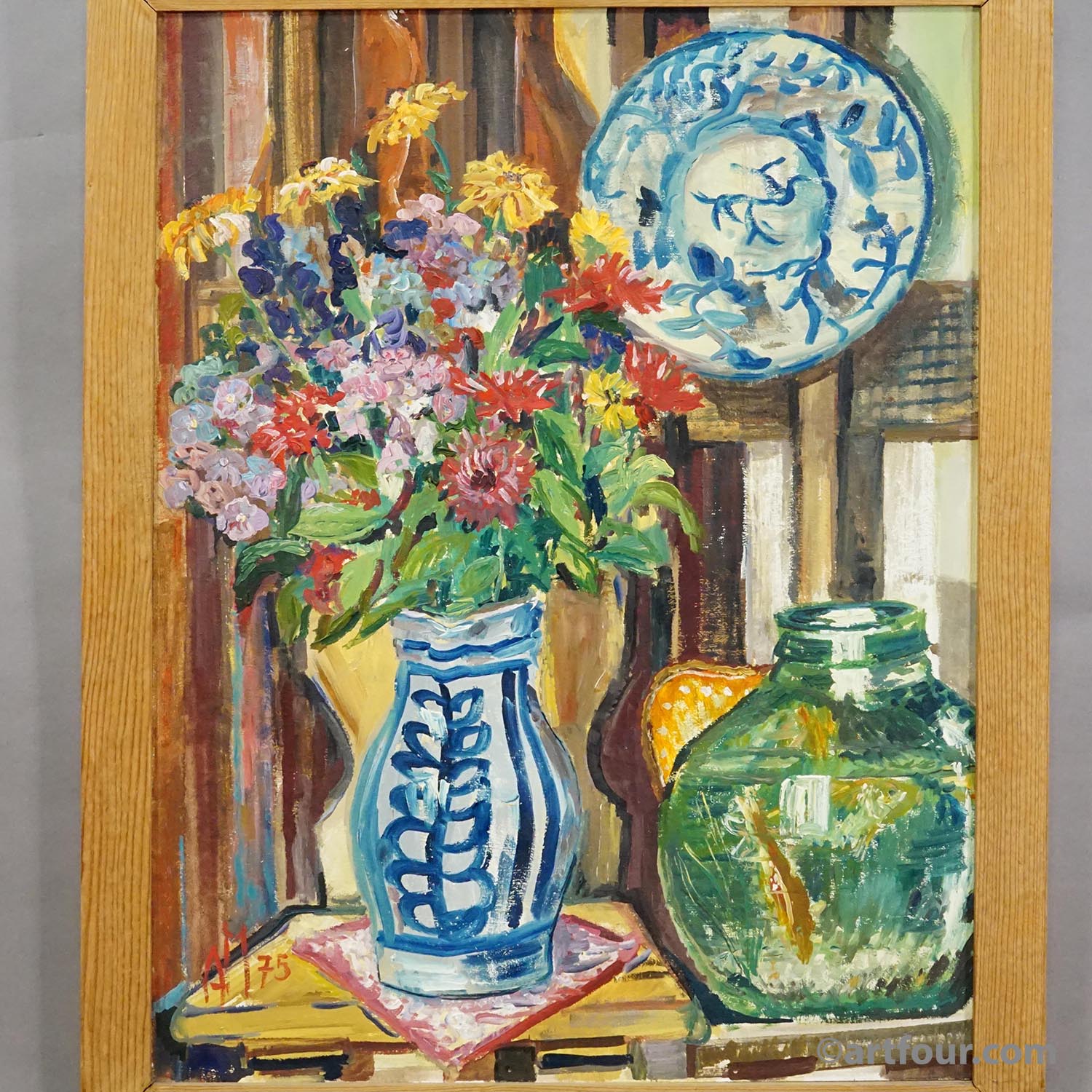 Impressionist still life oil on panel flowers goldfish Alexander Michael 1975
