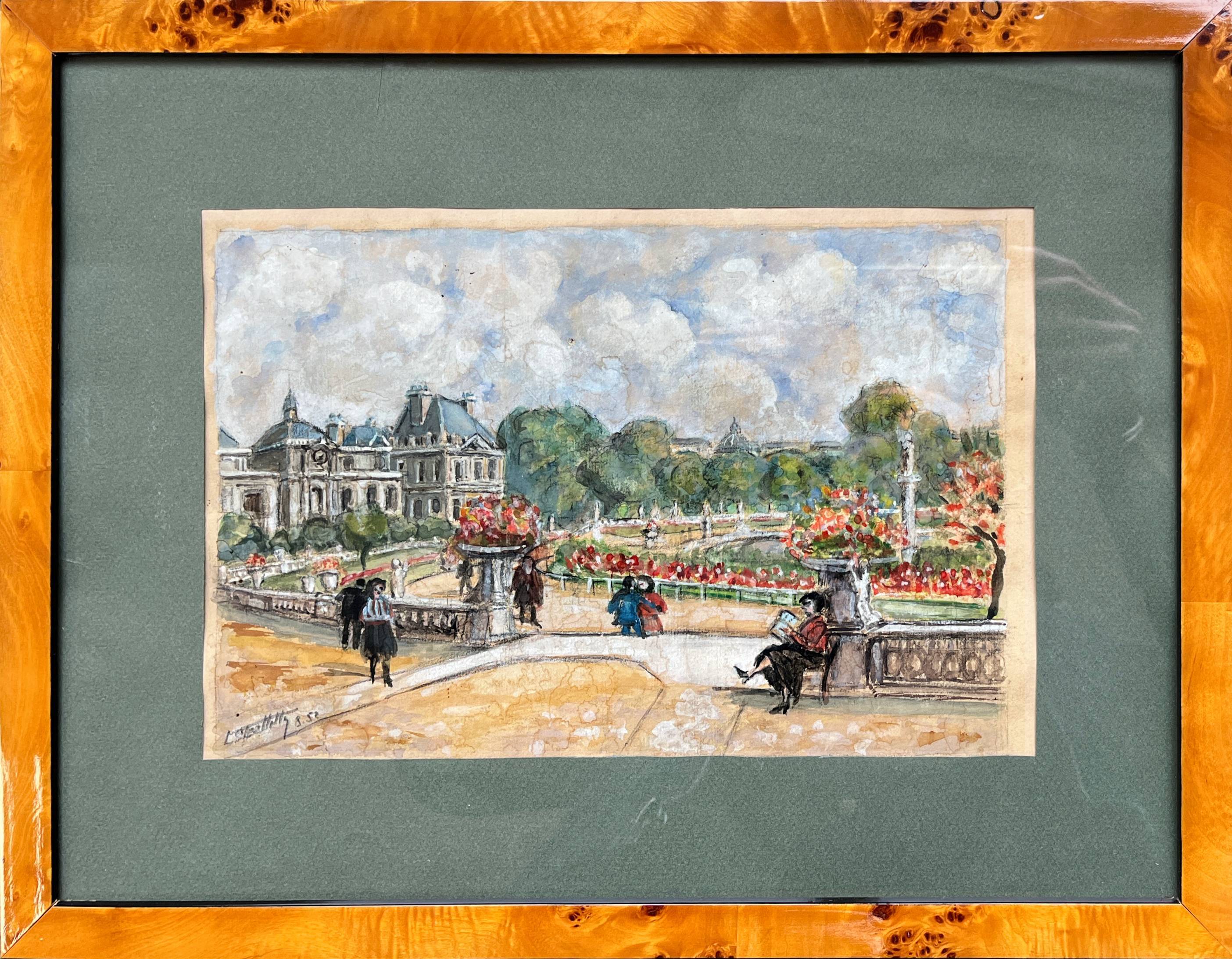 Watercolor painting "The animated Luxembourg garden" Paris in 1952 signed