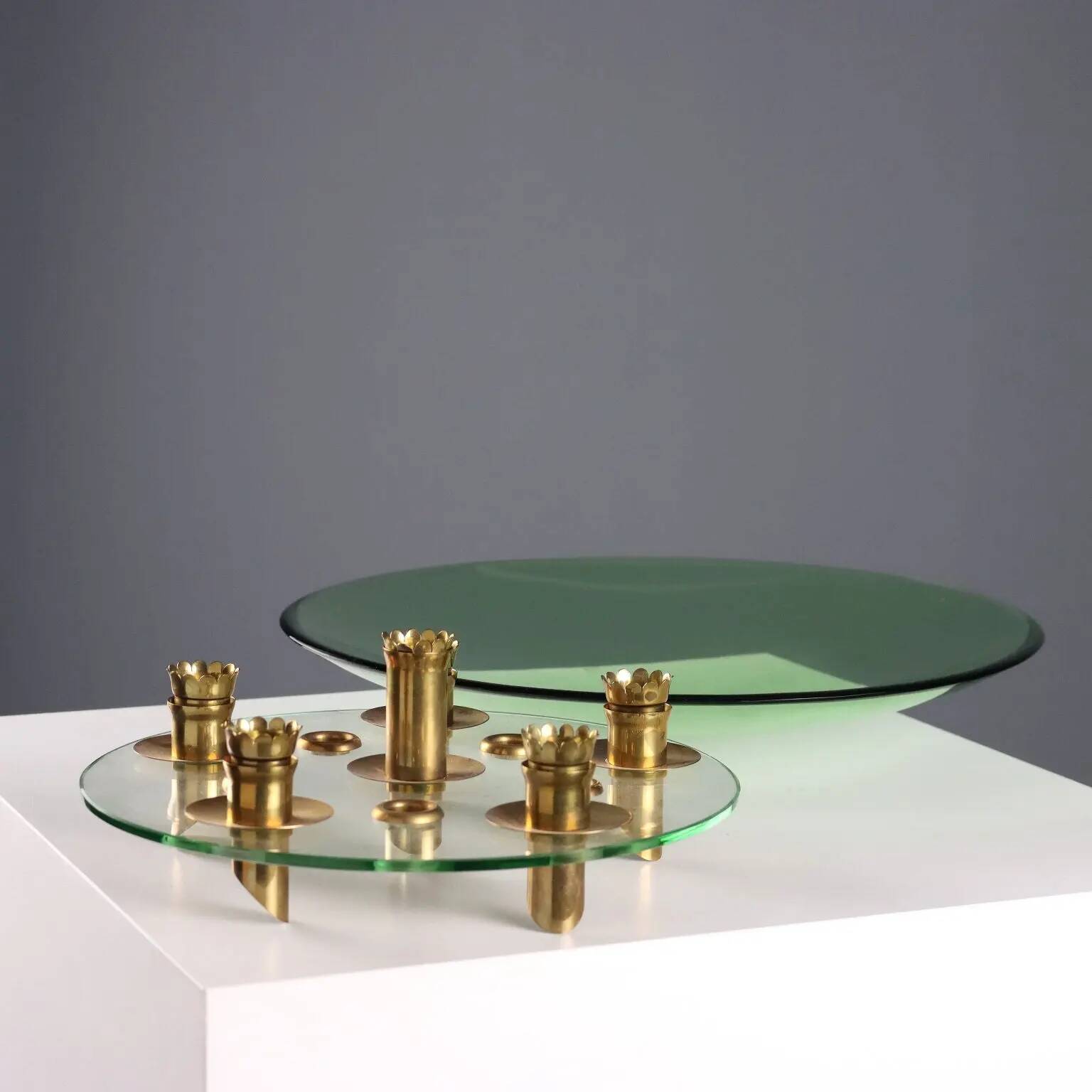 Centre de table vintage style Fontana Arte en laiton et verre, années 1950