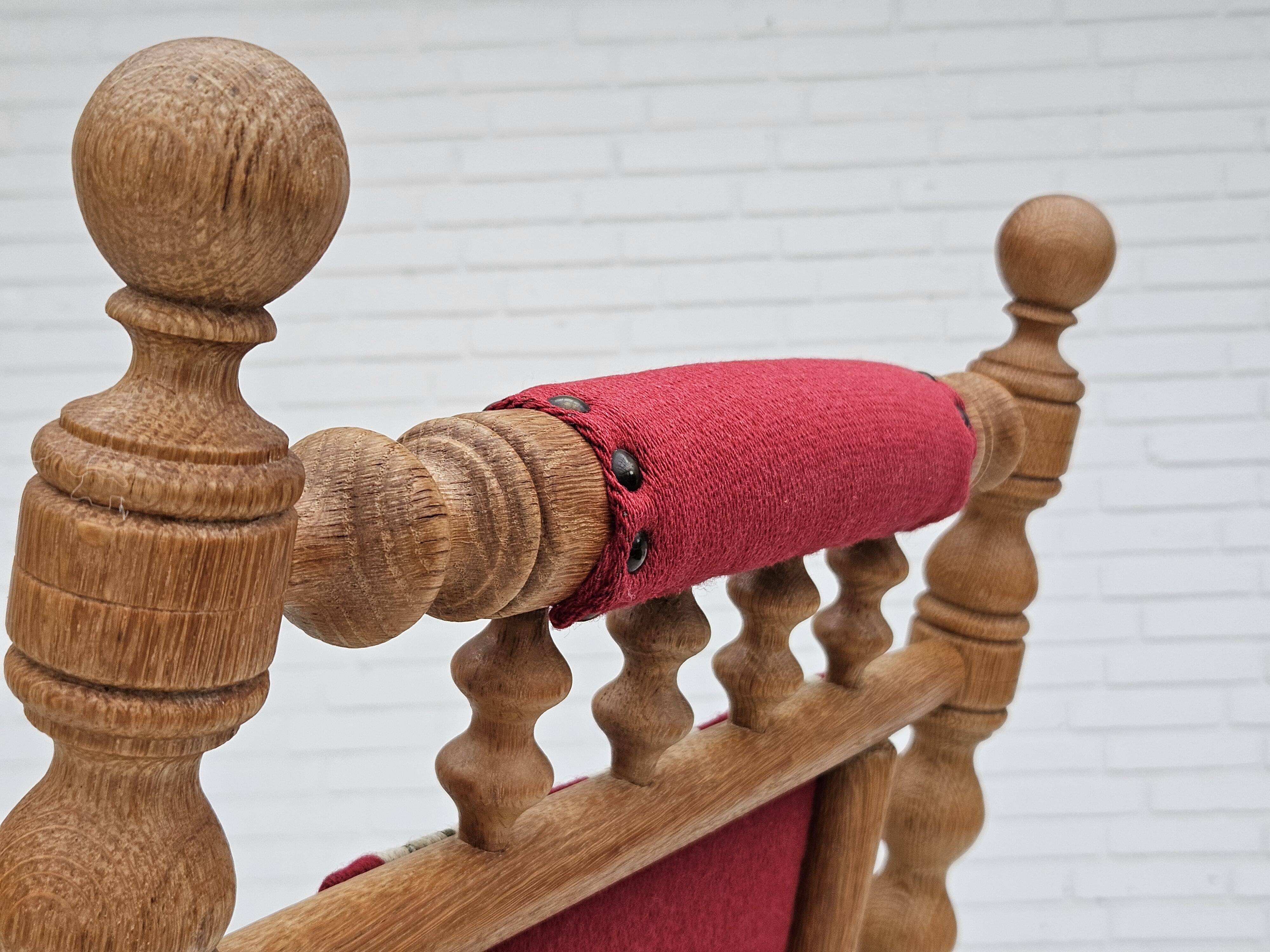 1970s, Danish highback rocking chair, oak wood, furniture wool, original condition.