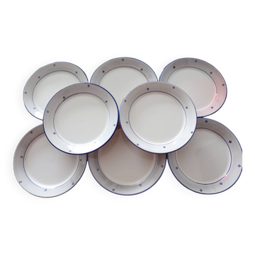 Set of 8 bistro-style dinner plates – Blue mesh and small patterns