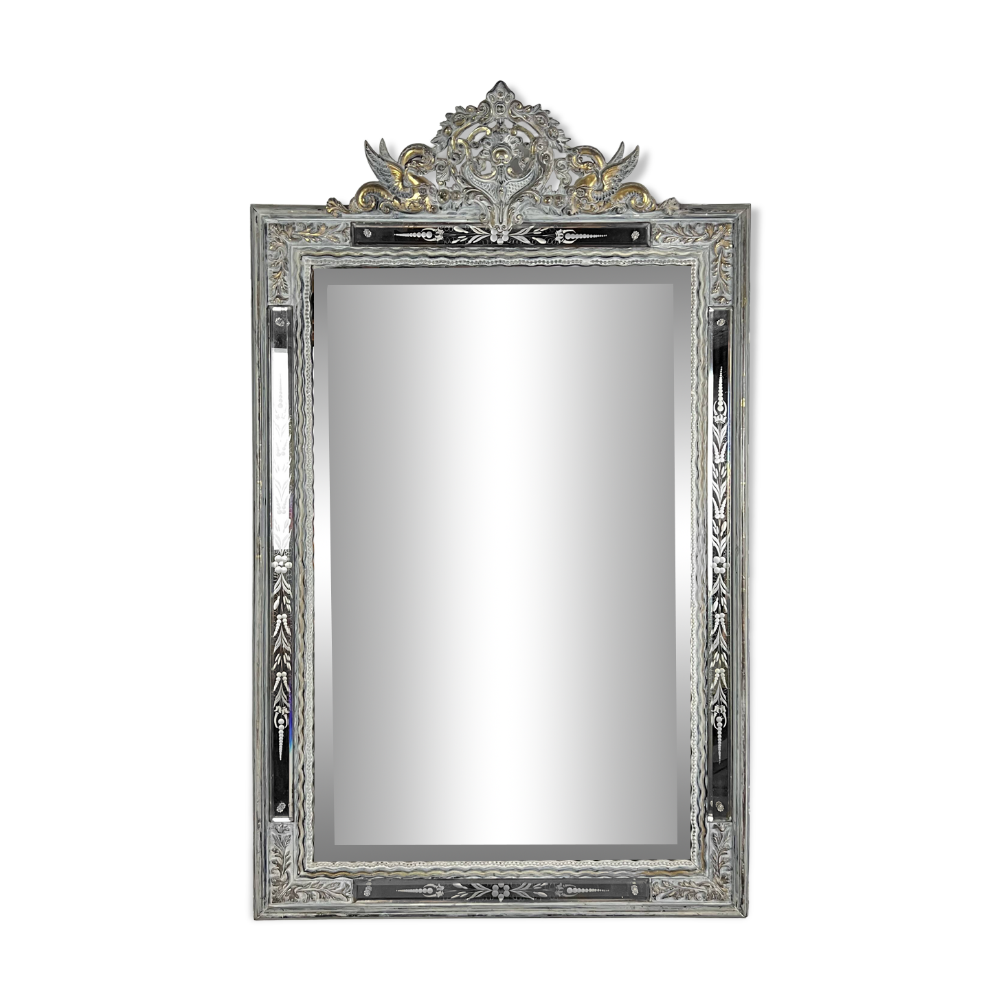 Grand miroir Venitien aux Cygnes, Glace Murano du XIXe siècle biseauté 133