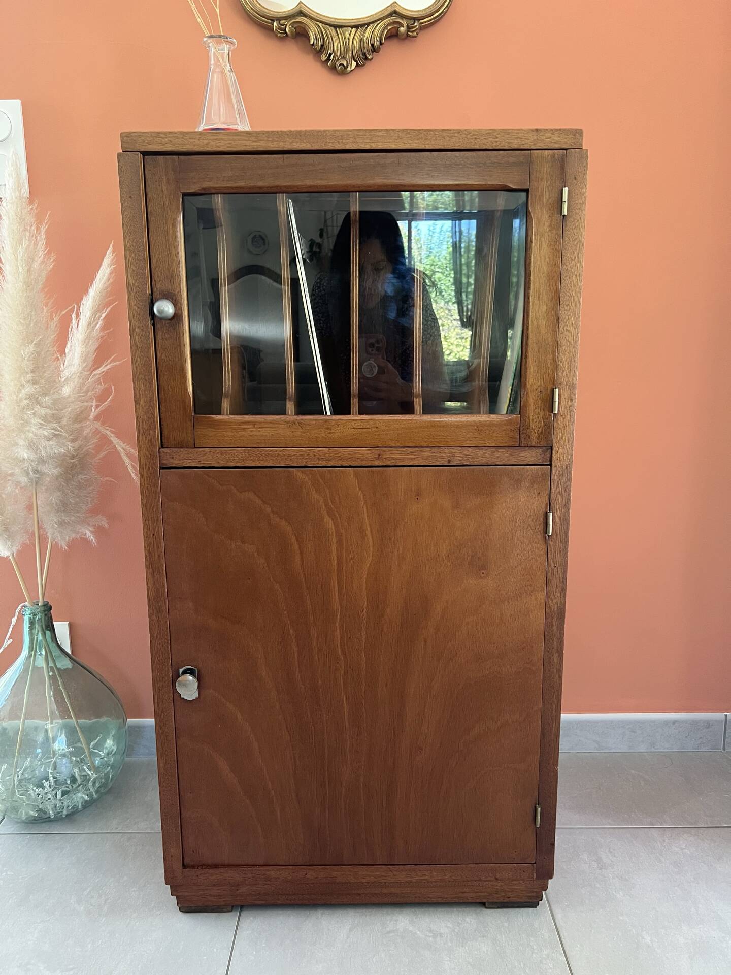Vintage wooden furniture, vinyl storage, bookshelf, desk.